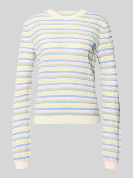 Produktfoto, Regular Fit Strickpullover aus reiner Baumwolle Modell 'DIANA' von Pieces, wielokolorowy, prążkowany wzór, okrągły dekolt, długi rękaw, dzianina