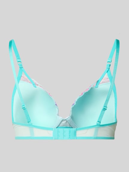 Vrouwenmodel draagt Dames Bh met florale all-over stitching Model 'Lisbeth' van Marie Jo, elastische materiaalmix, semi-transparant, verstelbare bandjes. Ganzlichaamsaanzicht achteraan.