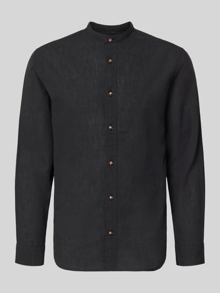 Productfoto, Regular Fit Freizeithemd aus Baumwoll-Leinen-Mix van Jack & Jones, model 'SUMMER LINEN BLEND', zwart, met opstaande kraag en knoopsluiting, katoen-linnenmix, regular fit, ruglengte maat M 75 cm, schouderbreedte 46 cm, mouwlengte 65 cm, structuur met lichte textuur, effen kleur