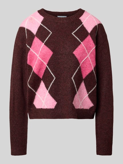 Produktfoto, Relaxed Fit Strickpullover aus Woll-Mix Modell 'HARVI' von JJXX, Karomuster in Rosa und Braun, Damen Strickpullover, strukturierte Oberfläche