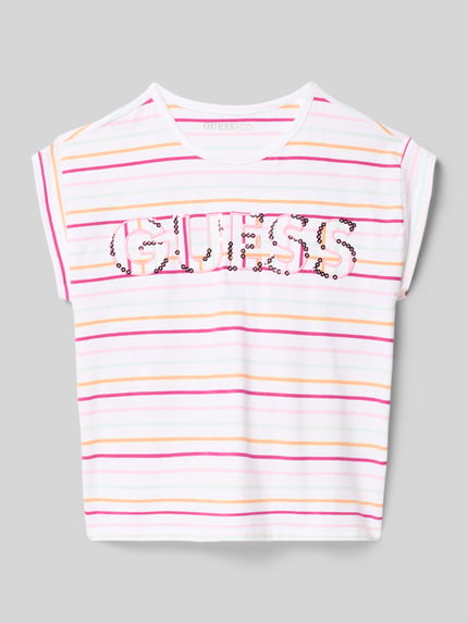 GUESS T-Shirt mit Logo-Stitching und Paillettenbesatz Weiss 1