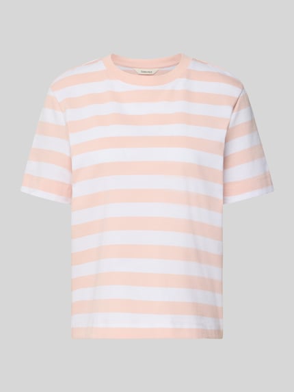 Produktfoto, Boxy Fit T-Shirt aus reiner Baumwolle Modell 'ESSENTIAL' von Selected Femme, rosa-weiß gestreift, heavy Jersey, Label Patch, Rundhals, kurzarm
