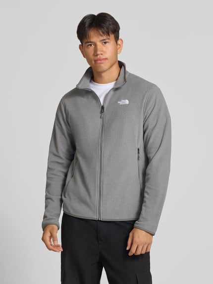 Männermodel trägt graue Fleecejacke mit Label-Stitching Modell 'GLACI' von The North Face, Reißverschluss, Ganzkörperansicht von vorne.
