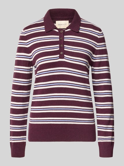 Produktfoto, gestreifter Regular Fit Pullover aus reiner Wolle von GANT in Lila mit weißen und dunkelroten Streifen, Damen Pullover von GANT