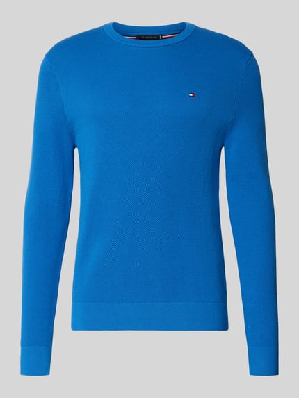Produktfoto, Regular Fit Strickpullover aus reiner Baumwolle von Tommy Hilfiger, niebieski, faktura dzianinowa, crew neck, długi rękaw, logo, krój regular fit