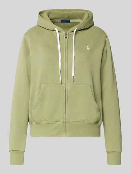 Produktfoto, Sweatjacke mit Kapuze von Polo Ralph Lauren in hellem Grün, Baumwoll-Mix, Lockerer-Schnitt, Reißverschluss, Eingrifftaschen, Label-Stitching, gerippte Abschlüsse