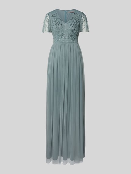Produktfoto, Abendkleid mit Ziersteinbesatz von Christian Berg Cocktail, niebieskozielony, a-linia, maksifason, głęboki dekolt V, marszczenia, zamek z tyłu, szerokość w rozmiarze 36: 38 cm, długość z tyłu 140 cm, długość rękawa 21 cm, tekstura tiulu