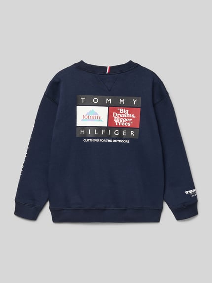 Productfoto, Regular Fit Sweatshirt aus Baumwoll-Mix van Tommy Hilfiger Kids, donkerblauw, unikleurig, labelprint en motiefprint, crewneck, lange mouwen met geribde boorden, sweatmateriaal.