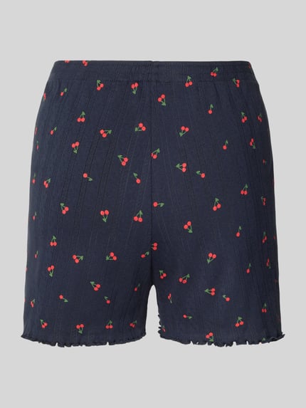 Produktfoto, Pyjama-Shorts im Allover-Look van Jake*s Casual, puur katoen, regular fit, all-over look, elastische band, knopen, donkerblauw met rode kersen, fijne ribstructuur
