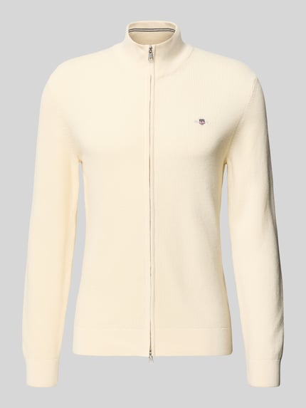 Produktfoto, Cardigan mit Zweiwege-Reißverschluss und Label-Stitching von Gant aus reiner Baumwolle, Slim Fit, in Creme mit feiner Struktur.