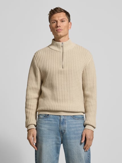 Selected Bluza o kroju regular fit z kołnierzem i fakturą wafla model ‘TOM’ Piaskowy 4
