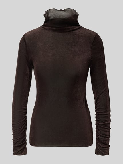 Produktfoto, Longsleeve mit Raffungen und Stehkragen von Luisa Cerano, dunkelbrauner Material-Mix mit Stretch, schmal geschnitten