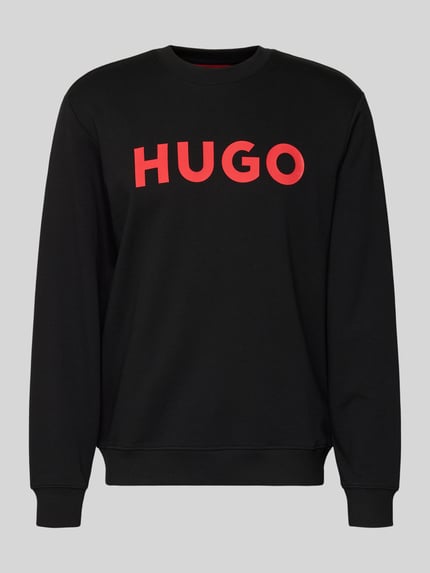 Produktfoto, Sweatshirt mit Label-Detail Modell 'Dem' von HUGO aus reiner Baumwolle, lockere Passform, gerippte Abschlüsse, schwarzer Stoff, roter Schriftzug