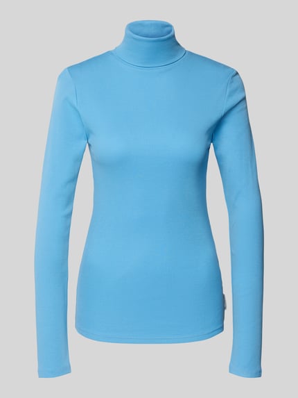 Produktfoto, Slim Fit Rollkragenpullover aus Baumwoll-Mix von Marc O'Polo Denim in Uni Hellblau, fein gerippte Struktur, langer Arm, Label Patch
