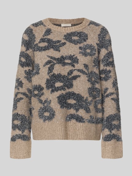 Produktfoto, Strickpullover mit gerippten Abschlüssen Modell 'PANTEA' von FREE/QUENT in Beige mit schwarzen floralen Mustern, lockerer Schnitt, Rundhalsausschnitt, strukturierte Oberfläche