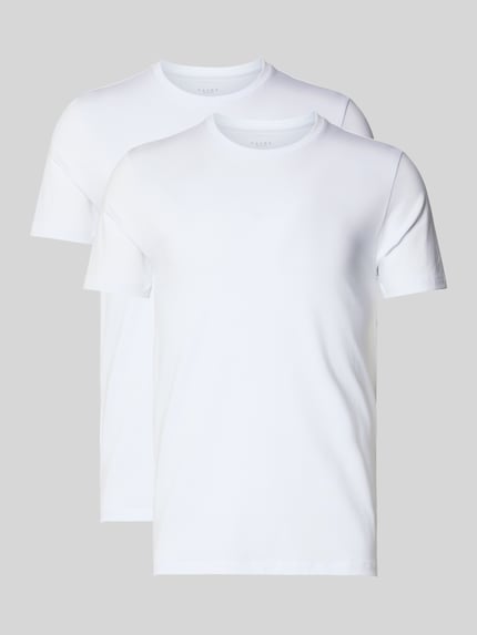 Produktfoto, dwa białe Męski t-shirt z mieszanka bawełny z dodatkiem streczu FALKE, krój straight fit, Okrągły dekolt, Model 'Daily Comfort'.