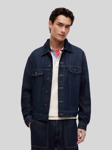 Tommy Jeans Regular Fit Jeansjacke aus Baumwoll-Leinen-Mix Dunkelblau 4