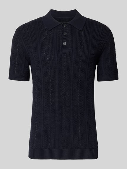 Produktfoto, Slim Fit Poloshirt mit Knopfleiste von Jack & Jones Premium in Dunkelblau, Baumwoll-Mix, grob gestrickte Struktur.