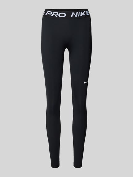 Produktfoto, Leggings mit Logo und elastischem Bund von NIKE TRAINING, schwarzer Material-Mix mit Stretch-Anteil, körpernahe Passform