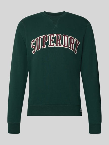 Produktfoto, Regular Fit Sweatshirt aus Baumwoll-Mix mit Logo-Stickerei von Superdry in Dunkelgrün, Rundhalsausschnitt, elastische Abschlüsse