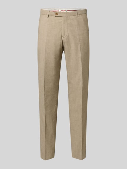Produktfoto, beigefarbene Slim Fit Anzughose in melierter Optik Modell 'Paco' von CG Club of Gents, glatte Baumwollmischung mit Schurwoll-Anteil, sichtbare Bügelfalten, schmal zulaufendes Bein, feine Textur