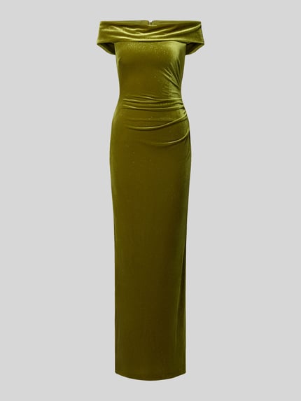 Produktfoto, Maxikleid aus Samt im Off-Shoulder-Look von Christian Berg Cocktail, olijfgroen, nauw aansluitend model, plooien, ruglengte maat 36: 144 cm, borstwijdte maat 36: 37 cm, zachte fluwelen textuur