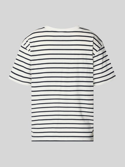 Productfoto, Relaxed Fit Pyjama-Oberteil met statement-stitching van puur katoen, dames pyjamabovendeel met ronde hals, met korte mouwen, wit met donkerblauwe strepen