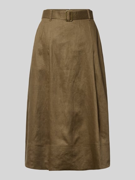 Produktfoto, Midi-Rock aus reinem Leinen von Tommy Hilfiger, efekt: jednolity kolor, rozkloszowana, długość midi, szlufki na pasek, zakładki w pasie, aplikacja z logo, zamek błyskawiczny, pasek, wpuszczane kieszenie, materiał: len