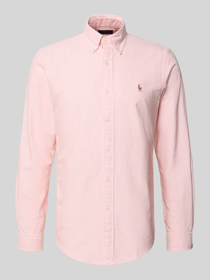 Produktfoto, Freizeithemd mit Knopfleiste von Polo Ralph Lauren, Reine Baumwolle, Regular-Fit, Button-Down-Kragen, Label-Stitching, zart gestreift, gerade Form, Struktur und feine Textur, Rückenlänge 74 cm, Schulterbreite 46 cm, Ärmellänge 65 cm.