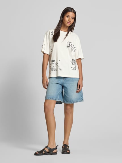 Jake*s Casual T-Shirt mit geripptem Rundhalsausschnitt Offwhite 1