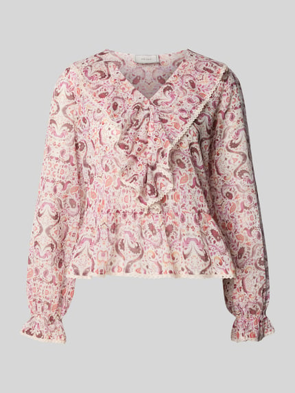 Produktfoto, Regular Fit Bluse mit Allover-Paisley-Print Modell 'Ajda' von Neo Noir aus Reiner Baumwolle, mehrfarbige Muster, strukturierte Oberfläche, Langärmeliges Design, Rückenlänge 53 cm, Ärmellänge 63 cm, Damen Bluse.