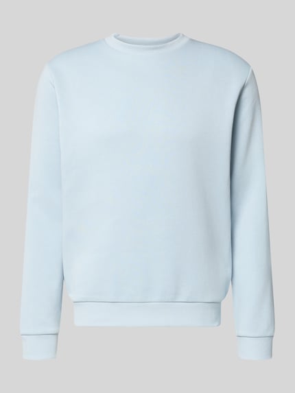 Produktfoto, Sweatshirt mit gerippten Abschlüssen Modell 'BRADLEY' von Jack & Jones im hellblauen Regular-Fit aus Material-Mix mit Baumwoll-Anteil, Rundhalsausschnitt, Rückenlänge 67 cm, Ärmellänge 65 cm, glatte Textur