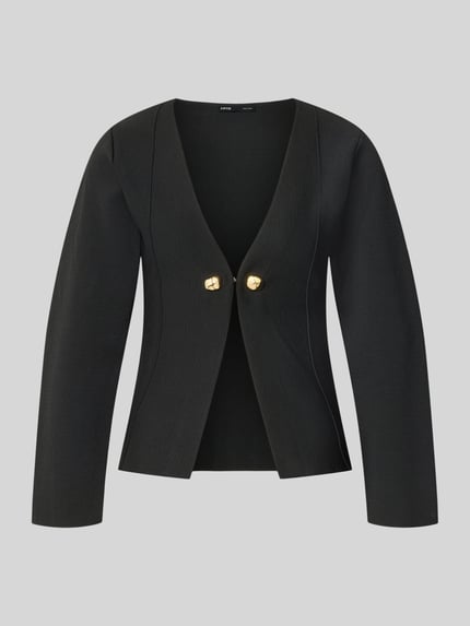 Produktfoto, Cardigan mit Zierknöpfen Modell 'APOLLO' von MANGO, schwarzer gerader Schnitt, goldfarbene Knöpfe, V-Ausschnitt, glatte Textur