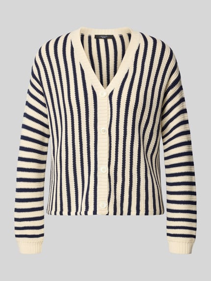 Produktfoto, Regular Fit Strickjacke aus reiner Baumwolle Modell 'NICCHIA' von Weekend Max Mara mit blau-beigem Allover-Streifendesign, Knopfleiste und V-Ausschnitt, grob gestrickte Struktur