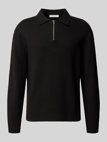 Produktfoto, Pullover mit Half Zip Polokragen von Selected in Schwarz, unifarben, Regular Fit, Longline, gerippte Abschlüsse, Reißverschluss am Kragen