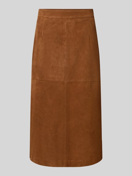 Produktfoto, Midirock in Leder-Optik Modell 'Marmo' von Marella in Braun, gerade Passform, Gehschlitz, glatte Textur, Damen Midirock, Bundweite 40 cm, Gesamtlänge 80 cm