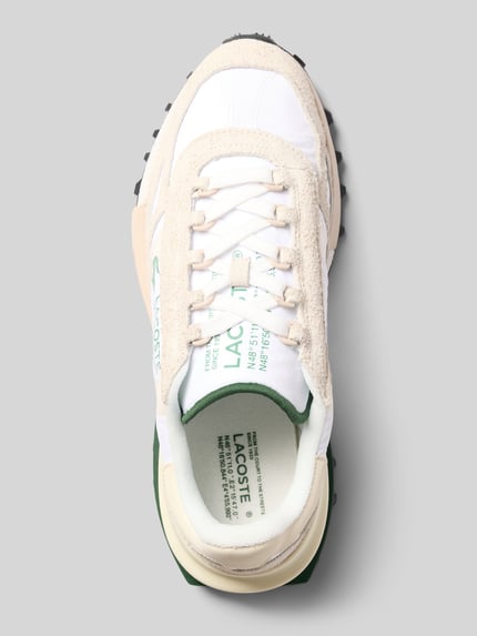 Productfoto, sneakers uit mix van leer en textiel model 'Elite Active' van Lacoste, wit-beige met groene details, Heren sneakers