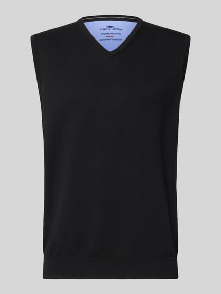Produktfoto, czarny Regular Fit Pullunder aus reiner Baumwolle mit Logo-Stickerei od Fynch-Hatton, bawełna, krój regular fit, wyhaftowane logo, dekolt w serek, bez rękawów, prążkowane ściągacze, długość tyłu w rozmiarze M: 72 cm