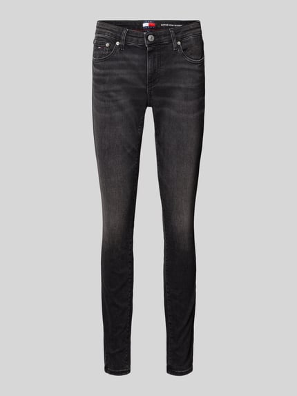 Produktfoto, Skinny Fit Jeans aus Baumwoll-Mix Modell 'SOPHIE' van Tommy Jeans, melange look, vijf zakken, denim textuur, zwarte kleur.