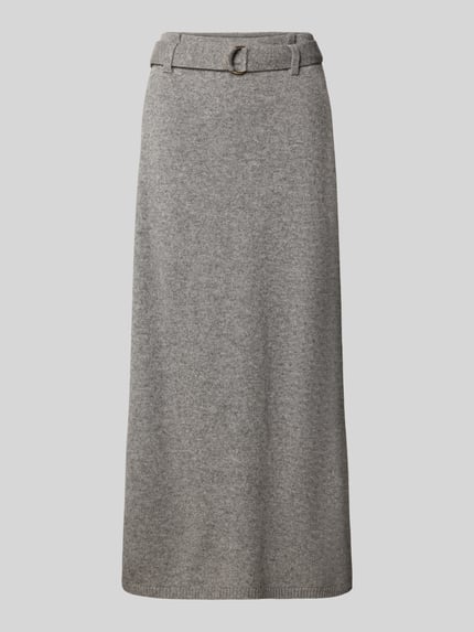 Produktfoto, Strickrock aus Woll-Yak-Mix mit Gürtel von windsor., graue melierte Struktur, gerader Midirock, elastischer Bund, Doppel-D-Ring-Gürtel, Straight Fit, 95 cm Länge, 37 cm Bundweite, klare Textur und schlichte Form