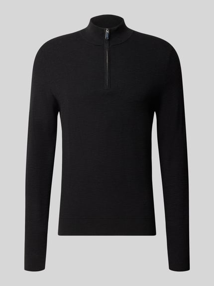 Produktfoto, Slim Fit Strickpullover aus Baumwoll-Mix mit Troyer-Kragen von Profuomo, schwarz, feine Struktur, elastische Abschlüsse