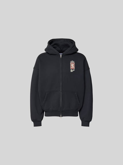 Produktfoto, Oversized Sweatjacke aus Baumwolle von RHUDE, Schwarz, mit Zweiwege-Reißverschluss und geteilter Känguru-Tasche, glatte Textur