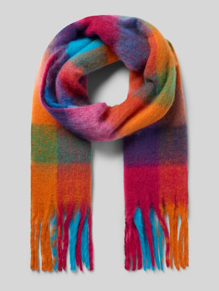 Produktfoto, Schal mit Fransen und Karo-Muster von Kurt Beines, bunte Rechteckform, weiche Textur, Maße 40 x 206 cm