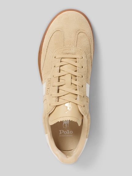 Productfoto, Sneaker uit leer met vetersluiting model 'HERITAGE AERA' van Polo Ralph Lauren, ronde neus, labeldetails, rubberen zool, hakhoogte 4 cm, schachthoogte 6 cm, schachtwijdte 6 cm, dames sneaker, beige kleur, suède textuur