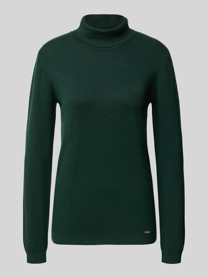 Produktfoto, Rollkragenpullover mit Label-Detail von MORE & MORE in Dunkelgrün, Viskose-Mix, Slim Fit, feine Stricktextur