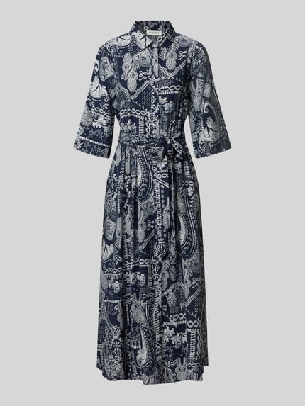 Produktfoto, Hemdblusenkleid aus Viskose-Mix mit Bindegürtel von Christian Berg Woman in Dunkelblau mit weißem Allover-Muster, A-Linie, Midikleid, Hemdblusenkragen, 3/4-Arm, Textur wirkt glatt