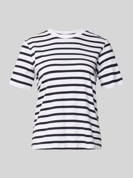 Produktfoto, T-Shirt im Allover-Look mit Rundhalsausschnitt von Comma, schwarz-weiß gestreift, Baumwoll-Elasthan-Mix, Regular-Fit, Rückenlänge 57 cm bei Größe 36.