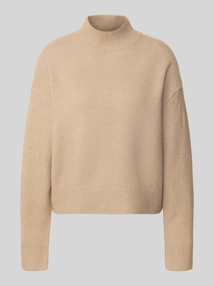 Produktfoto, sweter z dzianiny z dodatkiem wełny i okrągłym dekoltem, prosty krój, prążkowane wykończenia, Mieszanka materiałów, Model 'Paulina', długość tyłu 53 cm, długość rękawa 53 cm, sweter z dzianiny z dodatkiem wełny i okrągłym dekoltem od Neo Noir, kolor beżowy, wyraźna faktura dzianiny