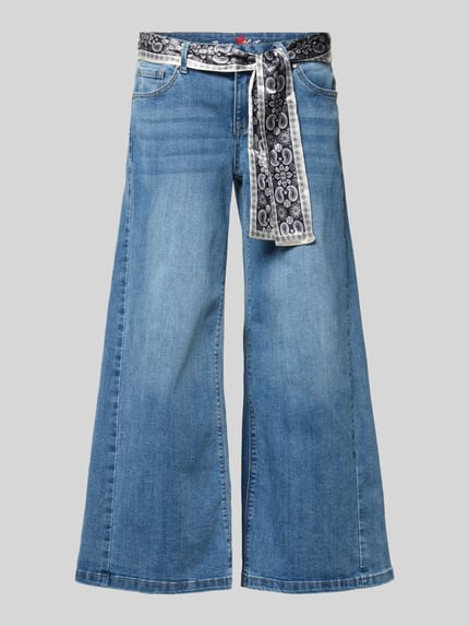 Produktfoto, Wide Fit Jeans mit Viskose-Anteil Modell 'Palazzo' von Buena Vista, mittleres Blau, 5-Pocket-Design, Paisley-Print Stoffband, elastischer Viskose-Baumwolle-Mix, verkürzte Passform, Knopf-Reißverschluss, Damen Jeans.