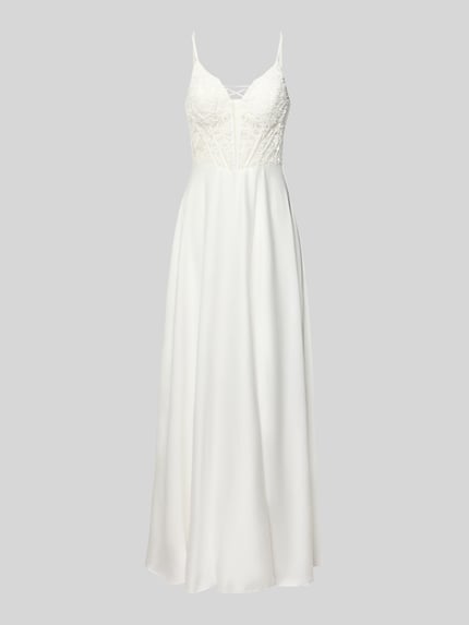Produktfoto, Abendkleid aus Satin mit Stitchings und Schnürung von Mascara, A-Linie, Maxikleid, Corsagenkleid, weiß, glatte Textur